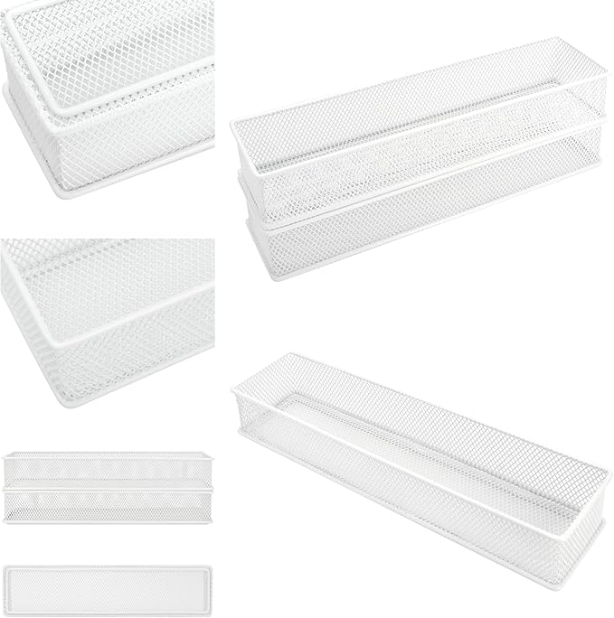 Annova Mesh Stackable Drawer Cabinet and Shelf Organizer Bins Storage Basket School Office Supply Holder Tray- Set of 2 (White, 3x12x2 Inch)