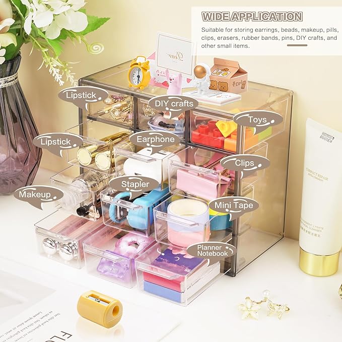 Desk Storage Organizer with 12 Mini Drawers, Clear Desktop Craft Drawer Cabinet, Stackable Storage Box Caddy for Makeup Jewelry Office Craft Supplies (Grey)