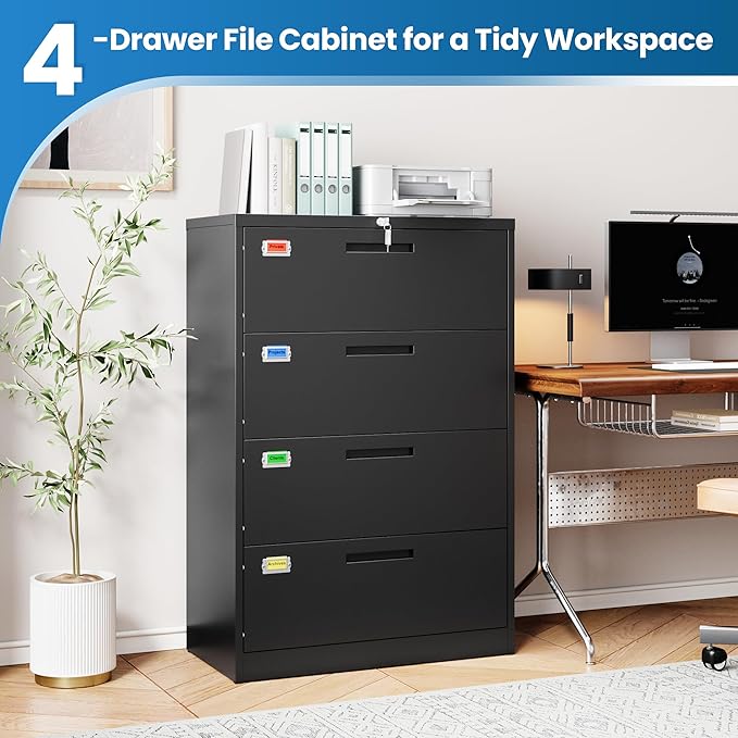 4 Drawer File Cabinet, Lateral Filing Cabinets for Home Office, Office Storage Drawers with Lock, Hanging Files Legal/Letter A4 Size (Assemble Required,Black)