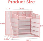 Lavatino Desk Organizer, 5-Tier Metal Mesh Paper Letter Tray with File Holder & 7 Flexible Dividers for Office or Home Desk Organizers and Accessories, Keep Workspace Supplies Neat & Organized, Pink
