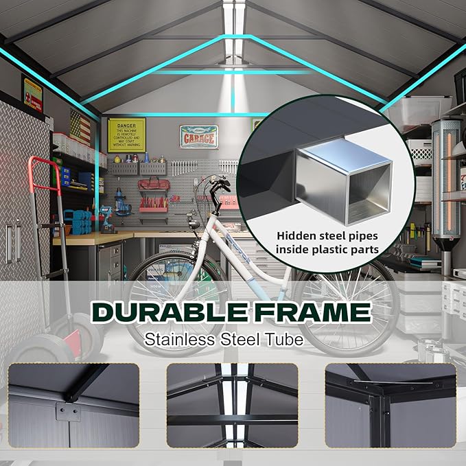 8 x 12 FT Resin Outdoor Storage Shed, All-Weather Plastic Garden Shed with Floor, Lockable Doors & Windows, Plastic Tool Shed for Poolside, Backyard, Patio