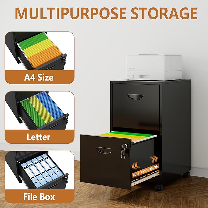 2 Drawer File Cabinet on Wheels, Mobile Two Drawer Filing Cabinet with Lock, Small Rolling Files Cabinets for Under Desk, Metal Filing Cabinets for Letter Size Folders - Assembly Required