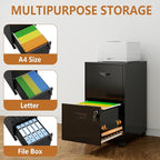 2 Drawer File Cabinet on Wheels, Mobile Two Drawer Filing Cabinet with Lock, Small Rolling Files Cabinets for Under Desk, Metal Filing Cabinets for Letter Size Folders - Assembly Required