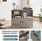 LVB Lateral Wood File Cabinet with Drawer, Farmhouse Printer Filing Cabinet with Storage for Legal Letter A4, Wooden Printer Stand with Hanging File Organizer Shelves for Home Office, 32.7 in, Greige