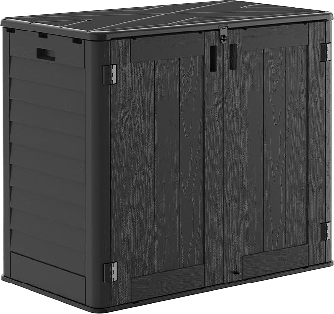 30 Cu.Ft Outdoor Storage Shed, Multi-Purpose Weather-Resistant Utility Shed for Garbage Cans, Lawn Mower, Garden Tools, Waterproof Resin Horizontal Cabinet with Pad-Lockable Doors (Black)