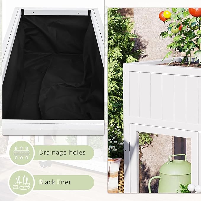 Patio 35.4"x17.7"x37.4" Mini Wood Cold Frame, Compact 2 Doors Garden Greenhouse with Wheels, Raised Bed with Liner for Indoor Outdoor Use, White
