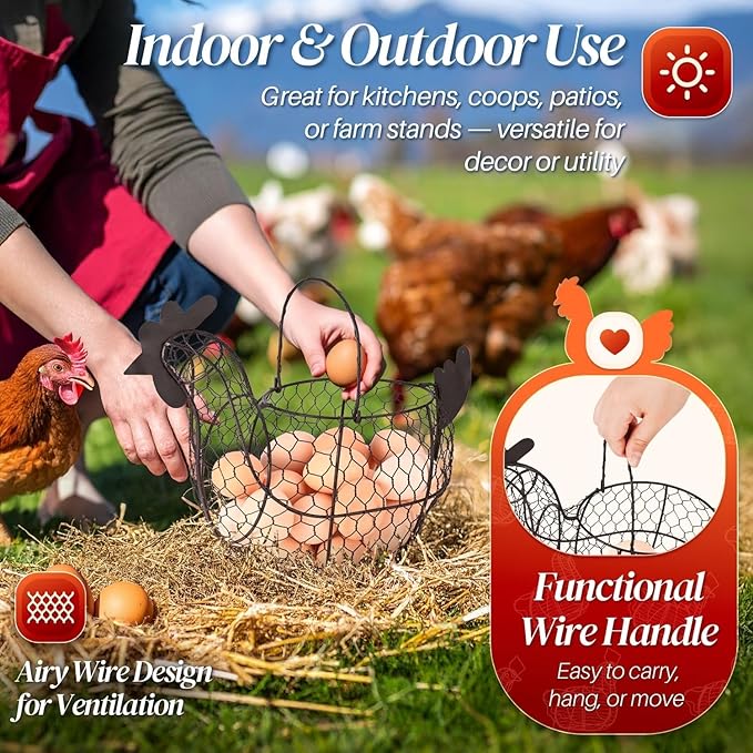 Flexzion Chicken Egg Basket for Collecting Eggs, Small Wire Egg Collecting Basket with Handle for Eggs, Fruits, Vegetables, Farmhouse Rustic Style Chicken Basket Decor for Kitchen Countertop, Black