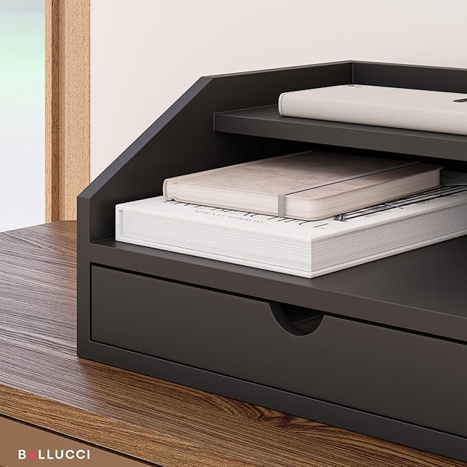 Ballucci Desk Organizer with Drawer, 2 Tier Paper Office Supplies Desk Organizer, 13 2/5" x 9 3/5" x 6", Black