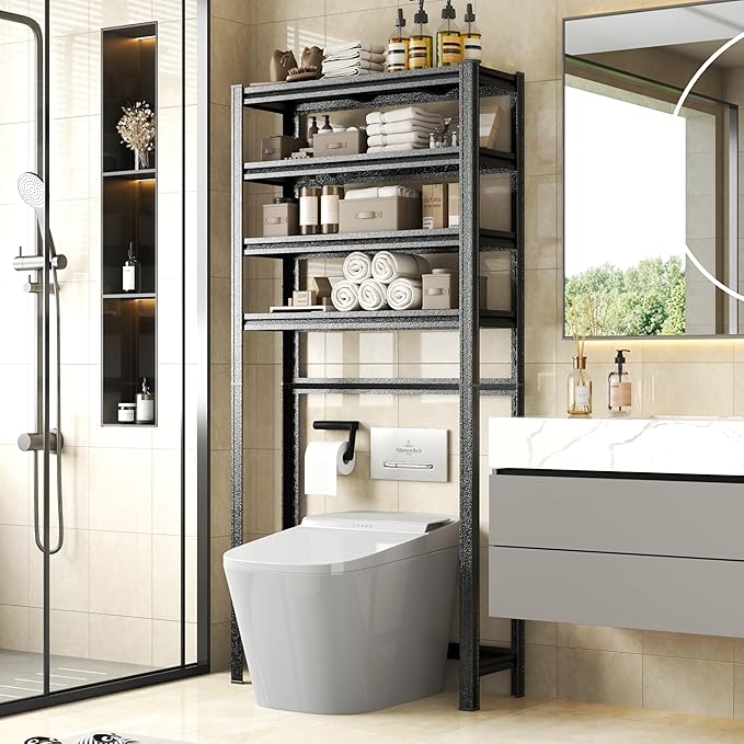 Over The Toilet Storage Shelves 5-Tier Adjustable Above Over Toilet Storage Shelf Metal Shelving Bathroom Organizers and Storage for Balcony, Living Room, Laundry Room, Kitchen, 77.4"H×35.4"W×13.8"D