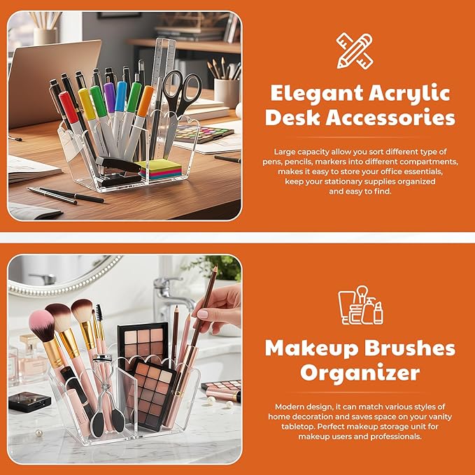 Clear Acrylic Pen Holder 2-Compartment Scalloped Desk Caddy for Office, Vanity or Bathroom – Makeup Brush & Pencil Organizer (2-Comp)