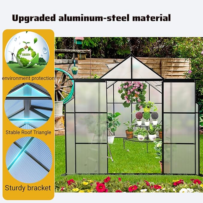 8X8 FT Outdoor Greenhouse, Greenhouse Polycarbonate with Roof Vent, Sliding Lockable Door, Aluminum Walk-in Greenhouses for Outdoor Garden Backyard, Terrace, Lawn，Black