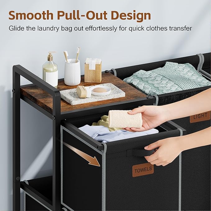 Hoctieon 4 Section Laundry Cart, 48 Gal. (182L) Laundry Hamper with Lid, Laundry Basket with Wheels, Rolling Laundry Sorter Organizer with Shelf, Clothes Separator with Removable Bags, Black