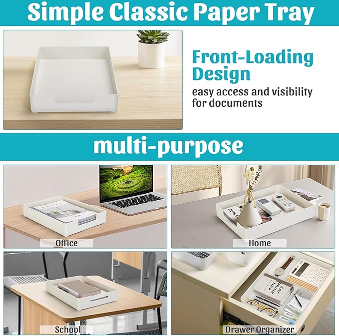 Letter-Size Tray Desk Letter Tray Paper Tray, Sturdy Heavy-Duty Plastic Printer Paper Tray, Single-Tier Stackable File Storage Organizer for Office Home (White)