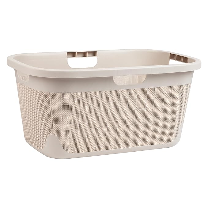 Mind Reader 40L Laundry Basket, Linen Design Clothes Hamper, Plastic Storage Bin with Handles, Ivory