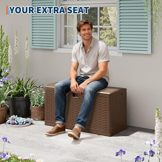 Garvee Outdoor Storage Box, 73 gal Large Waterproof Resin Deck Box Indoor Outdoor Use, Lockable UV Resistant Storage Bin for Patio, Garden, Cushions, Tools, Equipment, Brown