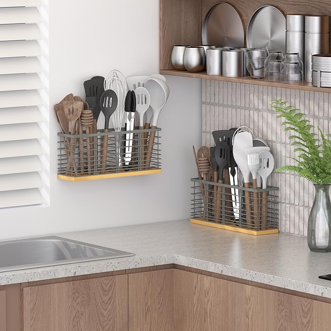 Suli Extra Large Kitchen Utensil Holder with 4 Compartments，Grey Metal holder with Wooden Base for Countertop，Farmhouse Utensil Organizer for counter, Rustic Cooking Storage Caddy for Corner
