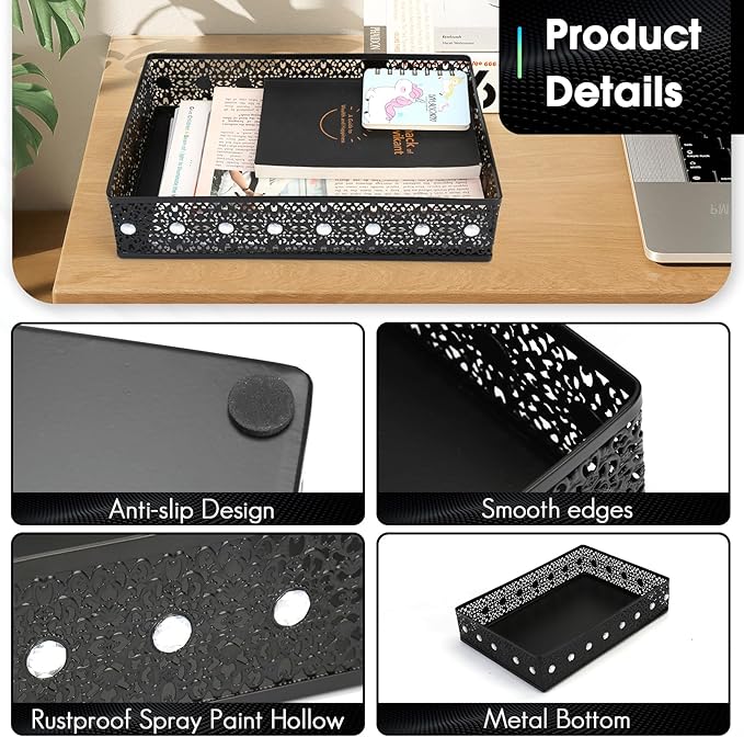 Desk Drawer Organizer, A4 Large Metal Mesh Desk Rrganizer Tray, Carved Hollow Floral Tray, Versatile Storage Box Set for Office Home Supplies,13x9x3 inches (Rhinestones,2 PCS)