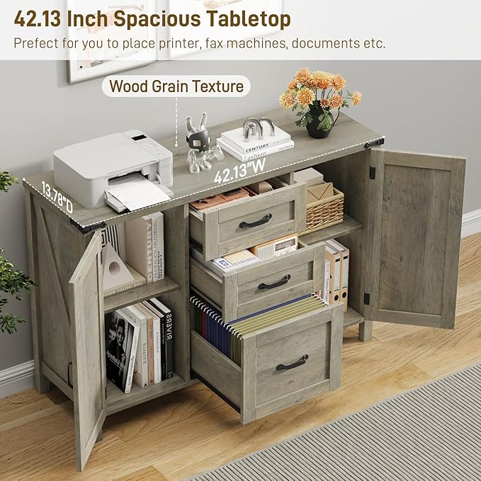 3 Drawer File Cabinet, Farmhouse Lateral Filing Cabinet with Doors Fits Files Letter or A4 Size, Wooden Printer Stand with Open Storage Adjustable Shelf for Home Office, Rustic Grey