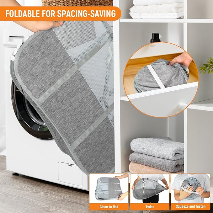 Collapsible Laundry Baskets, 95L Pop Up Laundry Hamper - Foldable Clothes Hamper with Shoulder Strap for Bedroom, Dorm, Apartment - Durable Tear-Resistant Storage Basket for Laundry, Kids Room (Grey)