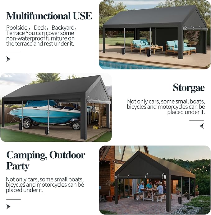 Shintenchi Carport 10' x 20' Heavy Duty Portable Garage, Carport Canopy with Side-Opening Door & Roll-Up Windows, Car Canopy for Truck,Car,Grey
