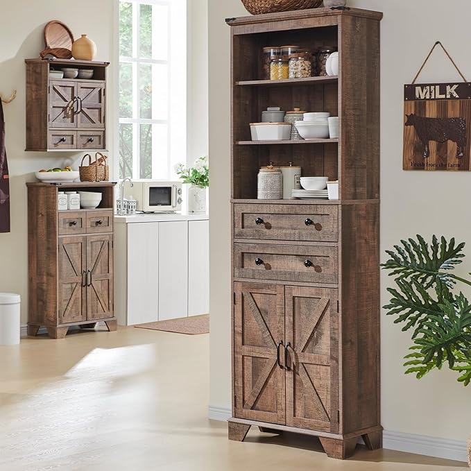 ACCOHOHO Farmhouse Bathroom Cabinet, 72" Tall Storage Cabinet with 2 Drawers, Adjustable Shelves & Barn Door, Cabinets for Bathroom, Living Room, Kitchen, Rustic Brown