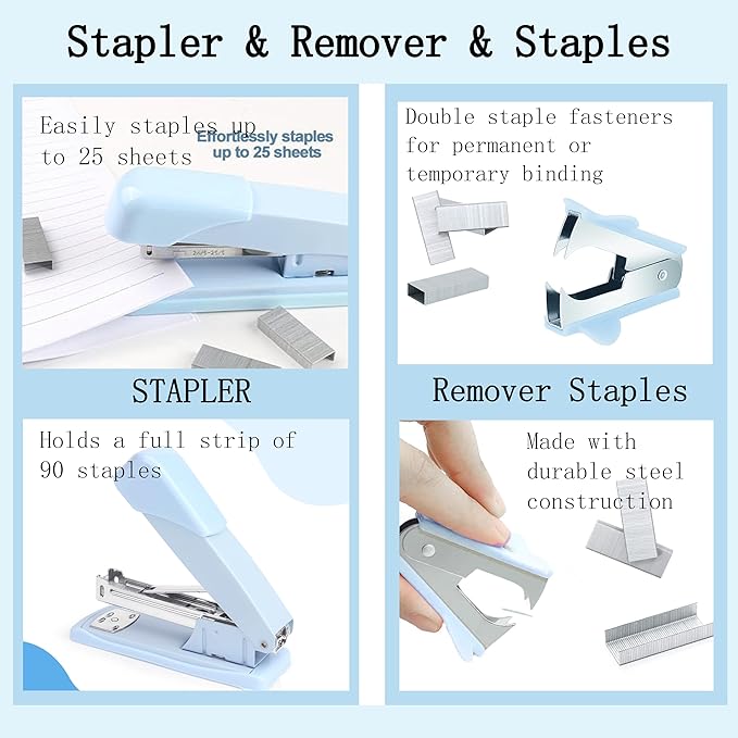 Blue Desk Accessories, Blue Office Supplies Accessories with Tape Dispenser, Stapler, Staple Remover, 1000 Staples, Tape, Clips Set, Ruler, Scissor, Pen