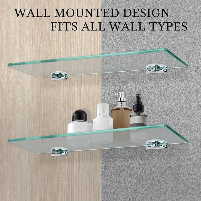 Bathroom Shelves, Glass Floating Shelves for Bathroom, Kitchen, Living Room, Bedroom,Tempered Glass Shelf with Zinc Alloy Brackets, 15 X 4.75 Inches, 2 Pack Clear