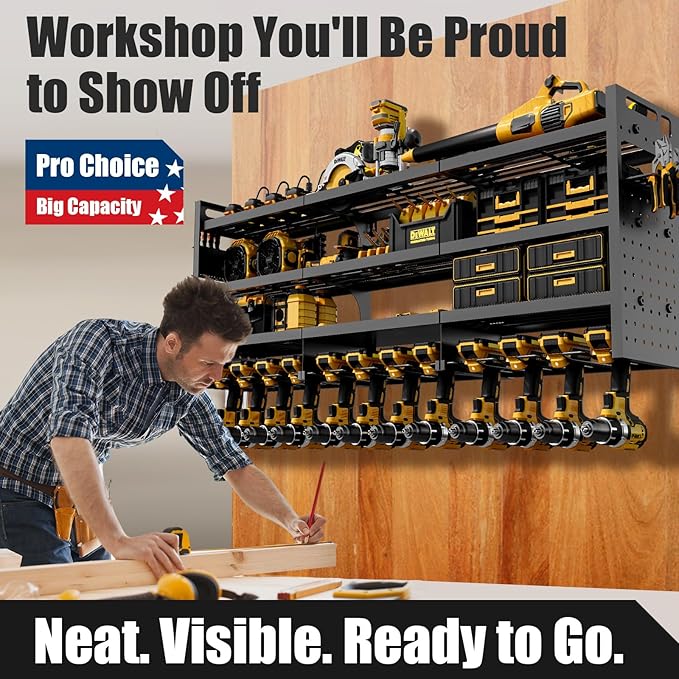 Power Tool Organizer Wall Mount | 8-Outlet TR Charging Station | Garage Storage Rack with Cordless Drill Holder | Heavy Duty Metal Shelf for Workshop Organization