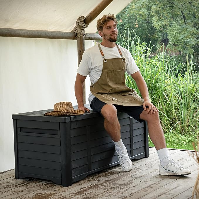 YITAHOME 150 Gallon Large Outdoor Storage Deck Box, Waterproof Cushion Storage Bench with Lockable Lid for Patio, Pool Supplies, Garden Tools, Resin, Black
