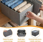6 Pack Foldable Wardrobe Clothes Organizer with Handle 7 Grids Stackable Closet Drawer Organizer for Jeans, Pants, Sweaters, T-Shirts, Leggings, Grey
