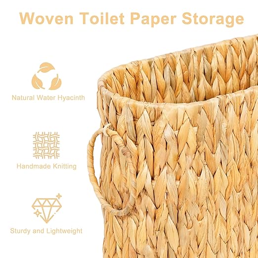 Large Toilet Paper Storage Basket, Wicker Toilet Paper Holder Basket for Bathroom, Natural Water Hyacinth Narrow Basket, Slim Toilet Paper Basket for 6 Mega Rolls, Magazines & Towels