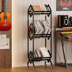 3 Tier Vinyl Record Storage Rack, Mobile Black Metal LP Storage Display Stand with Casters, Large Capacity Record Holder for Albums, Books, Magazines, and Office Files