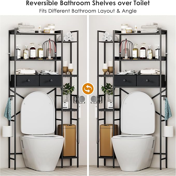 Over The Toilet Storage Shelf with Drawers, 7 Tier Above Toilet Bathroom Organizer Rack with Adjustable Shelves, Space Saver Stand Behind Toilet with Paper Holder & Hooks for Laundry, Black