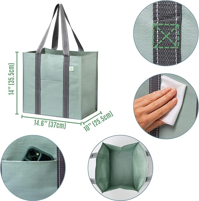 VENO 4 Pack Reusable Grocery Bags, Heavy-Duty Shopping Bags with Handles, Bags for Shopping Cart with Hard Bottom to Stand Upright, Foldable, Multi-Purpose(Light Green, 4 Pack)