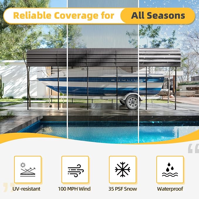 EROMMY 14x25 FT RV Metal Carport with Reinforced Frame, Weather-Resistant Galvanized Roof Shelter for Vehicles, Trucks, Boats, SUVs, Gray