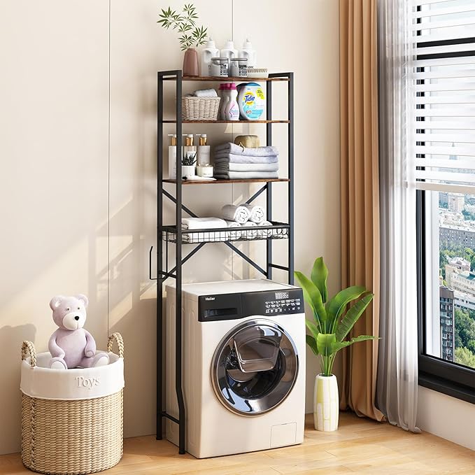Over The Toilet Storage Rack, 4-Tier Bathroom Organizers and Storage with Adjustable Shelf, Freestanding Above Toilet Shelves for Bathroom & Laundry, Space Saver, Brown