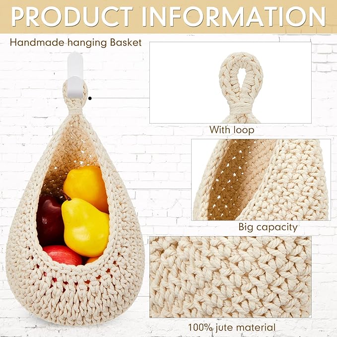 Honeydak Boho Decor Hanging Wall Baskets for Kitchen 3 Pack Teardrop Baskets with Hooks Storage Fruit Onion Vegetable Potato for Home 3 Sizes(White,Teardrop,Cotton Rope)