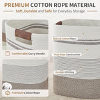 Laundry Hamper - Tall Woven Rope Laundry Basket - Clothes hamper with Leather Handles, 17" X 13.8" X 22", Blanket Storage Basket for Living Room, Rice Brown & White
