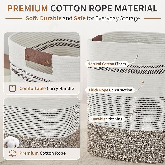 Laundry Hamper - Tall Woven Rope Laundry Basket - Clothes hamper with Leather Handles, 17" X 13.8" X 22", Blanket Storage Basket for Living Room, Rice Brown & White