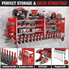 66" W Super Large Power Tool Organizer Wall Mount,Heavy Duty Cordless Tool Organizer with 18 Drill Holder,600 Lbs Capacity 4-Layer Garage Organization for Garage and Workshop (Red)