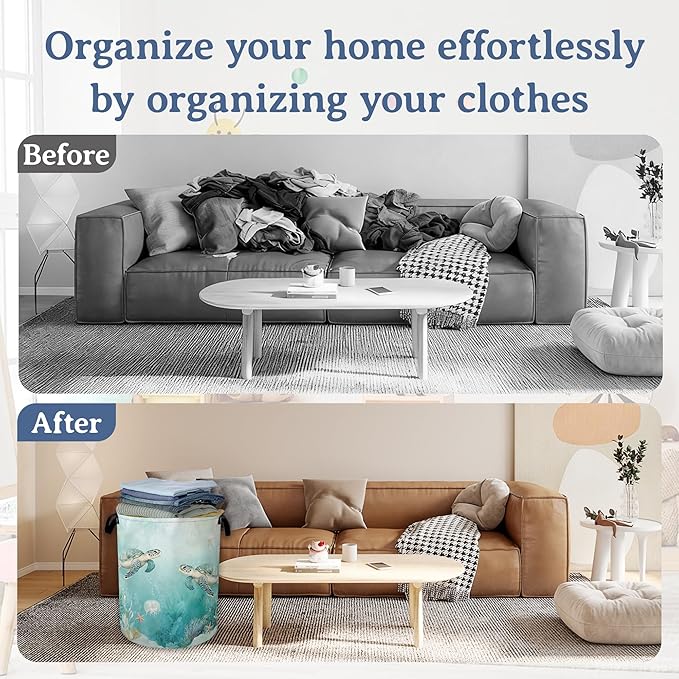Sea Turtles Laundry Basket,Foldable Oxford Cloth Jellyfish Coral Laundry Hamper with Handles, 20.8"x16" Tote Bag Clothes Storage Bucket for Laundry Room/Bathroom/Bedroom/Dormitories