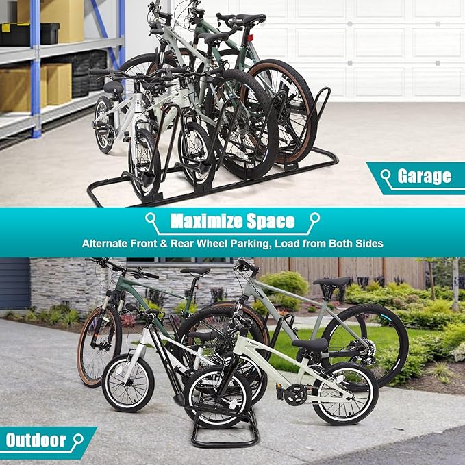 Floor Bike Stand, Bike Rack Safeguard Disc Brakes & Derailleurs, Waterproof Bike Holder Road/Kids/MTB Bicycles, Fits 12"-29" Tires, Upgraded 0.63" Steel Tubes, Indoor Outdoor Garage (for 4 Bikes)