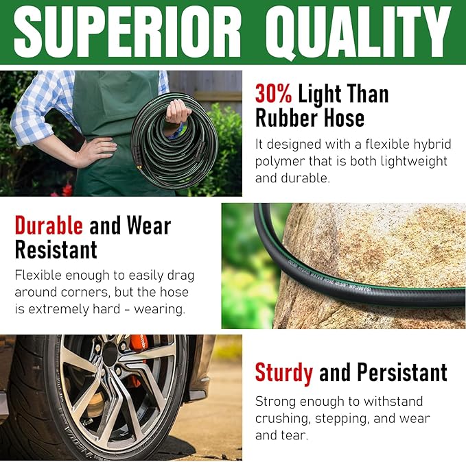 Heavy Duty Garden Hose 50ft, NON-EXPANDABLE Flexible Water Hose, Kink Resistant Lightweight Hybrid Hose, Leakproof Hose Male to Female Fittings
