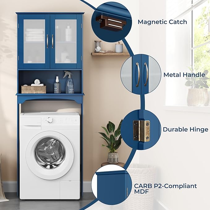 Yaheetech Over The Toilet Storage Cabinet, Free Standing Toilet Rack with Adjustable Shelves and Tempered Glass Doors for Bathroom Washroom, Navy Blue