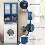 Yaheetech Over The Toilet Storage Cabinet, Free Standing Toilet Rack with Adjustable Shelves and Tempered Glass Doors for Bathroom Washroom, Navy Blue