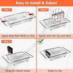 Small Expandable Over The Sink Dish Drainer Drying Rack In Stainless Steel Metal For Kitchen, Counter Space Saving Compact Above Plate Dryer Strainer, Adjustable Hanging Inside Sink Wire Drain Holder