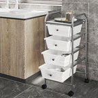 Yaheetech 4 Drawers Cart Rolling Plastic Storage Cart and Organizer Metal Frame Drawers Plastic Trolley Organizer on Wheels, White