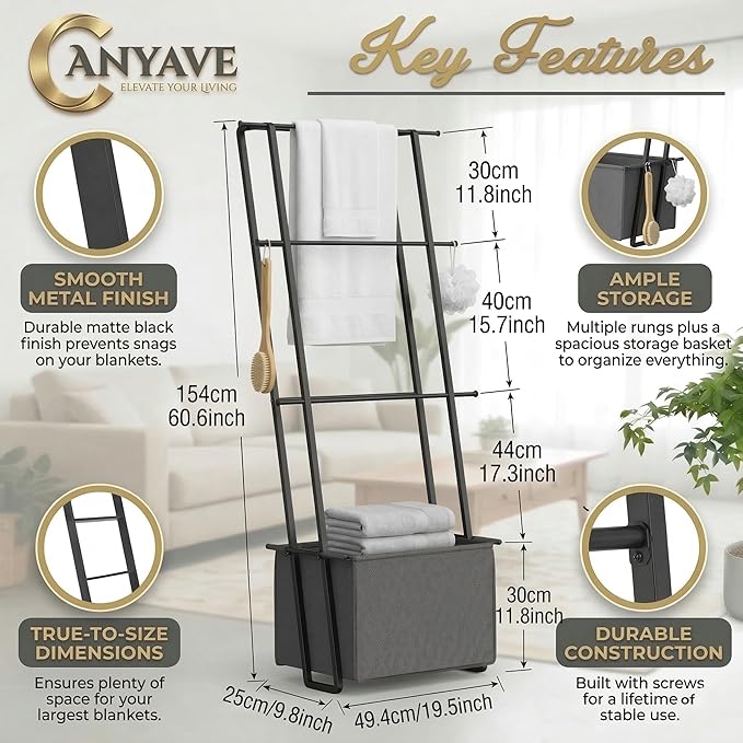 2-in-1 Leaning Blanket Ladder with Storage Basket, Matte Black Metal Towel Rack Stand, Drill-Free Space Saving Organizer for Bathroom & Bedroom Throws, 63"