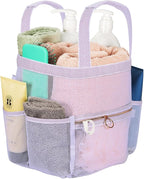 Mesh Shower Caddy Dorm, 7 Pockets & 1 with Zipper, Shower Tote with Padded Handles, Travel Portable, Shower Caddy College Room Essentials, Bathroom Shower Bag (Light Gray)