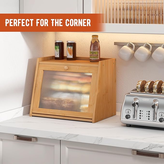 GHWIE Large Bread Box, Easy Access & Cleaning - Bamboo Bread Box for Kitchen Countertop with Acrylic Door (Natural, Large)